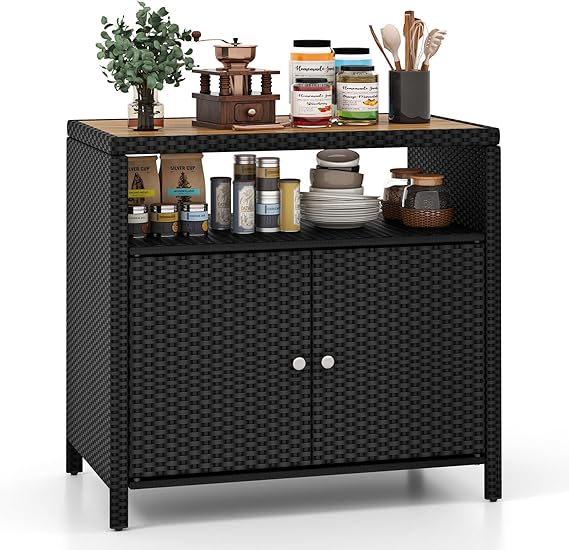 Wicker Outdoor Bar Cabinet with Acacia Wood Countertop