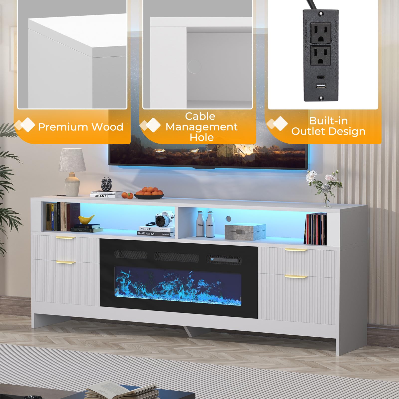 70" Electric Fireplace TV Stand with LED Lights
