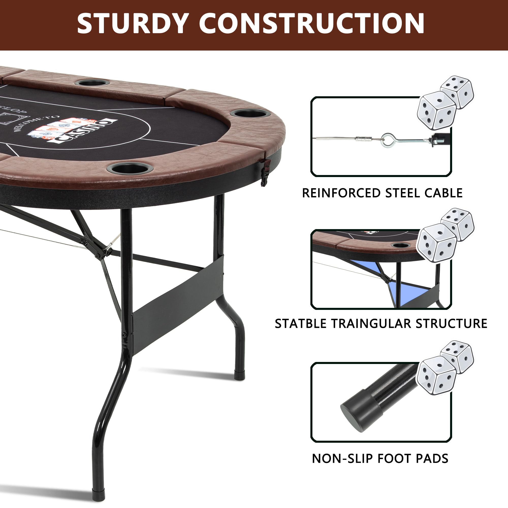 8 Player Folding Poker Table with Cup Holders
