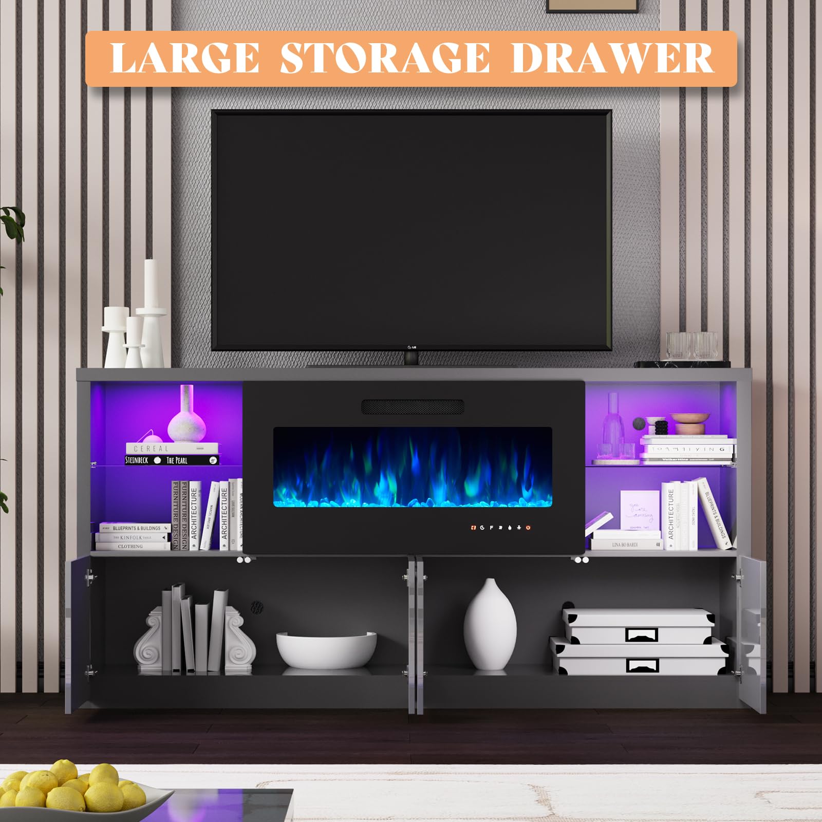 68" High Gloss Fireplace TV Stand with LED Lights