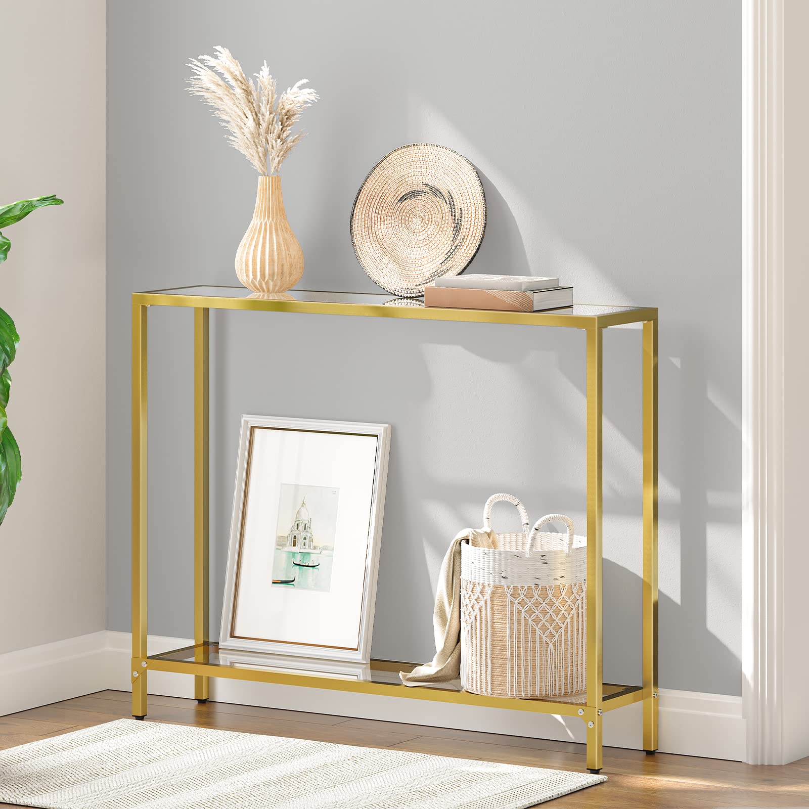 39.4" Narrow Console Table with Tempered Glass and Metal Frame