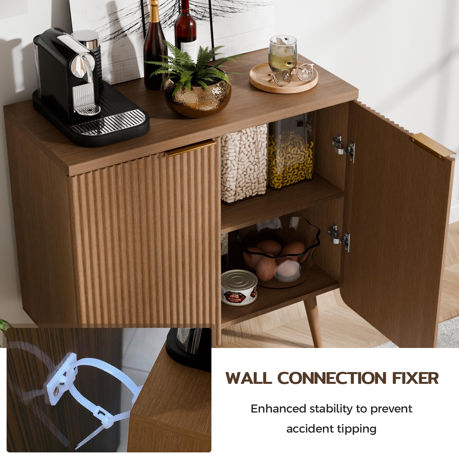 Fluted Sideboard with 4 Doors and Adjustable Shelves