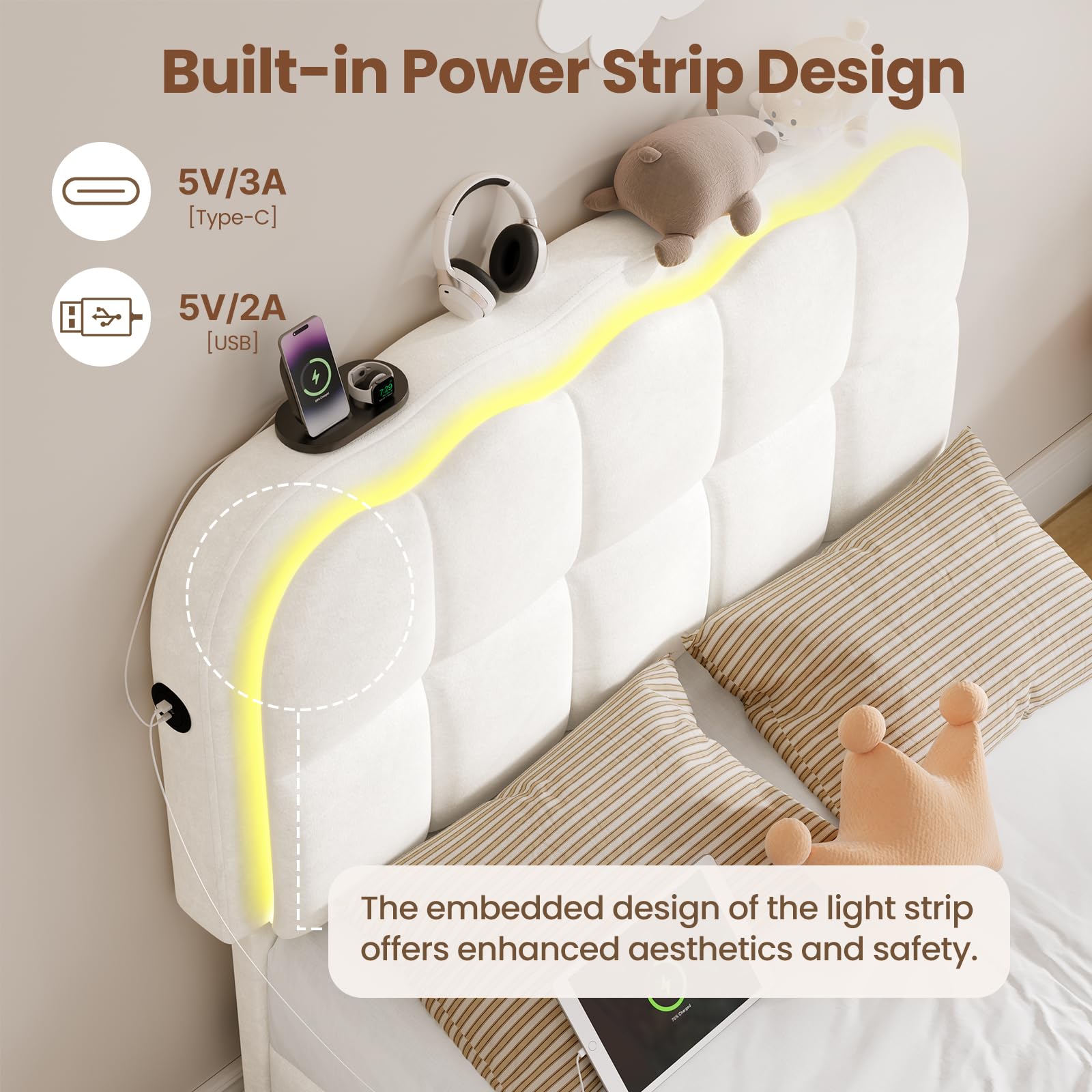 Twin Velvet Platform Bed with Storage & LED Headboard