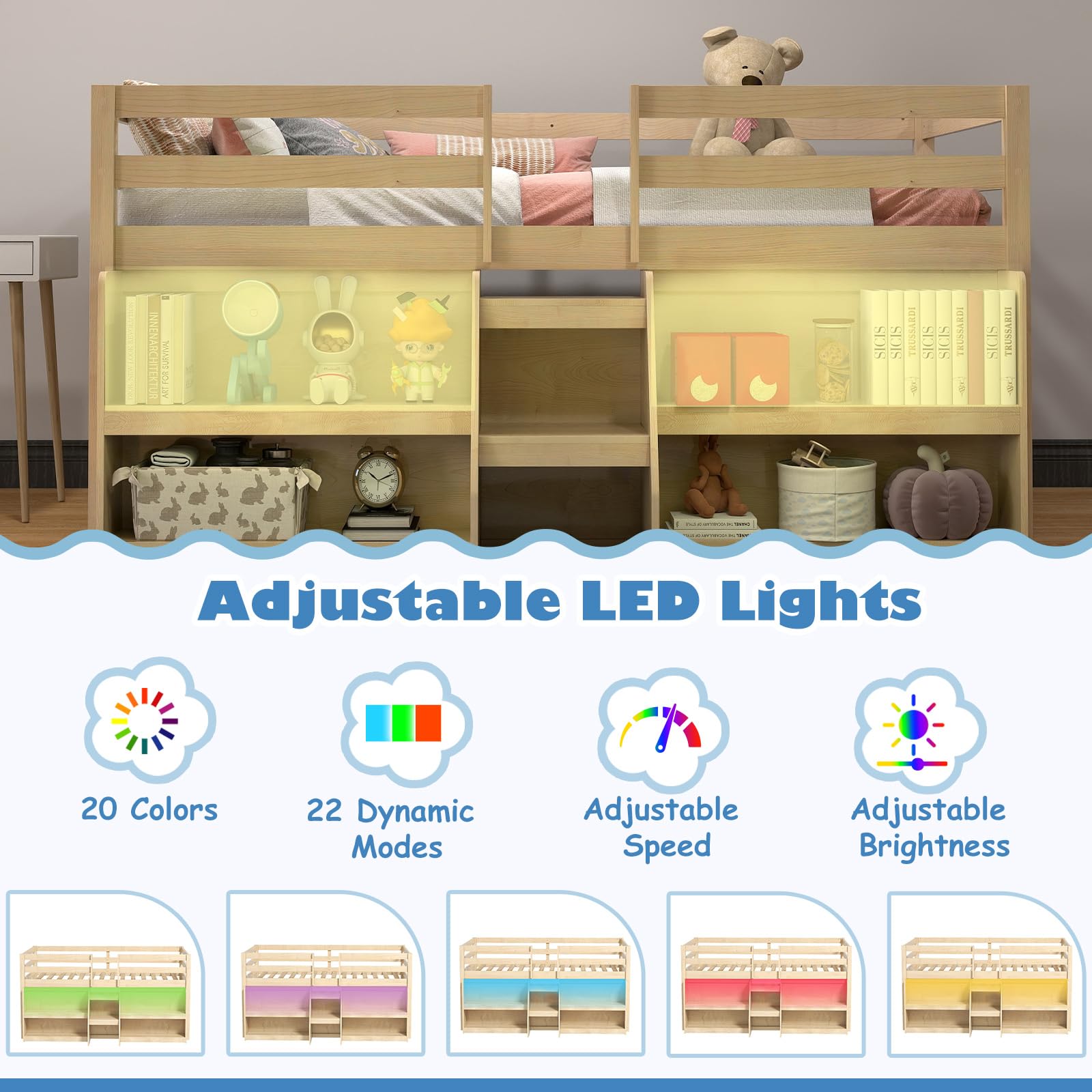 Low Loft Bed with LED Light and Bookcases
