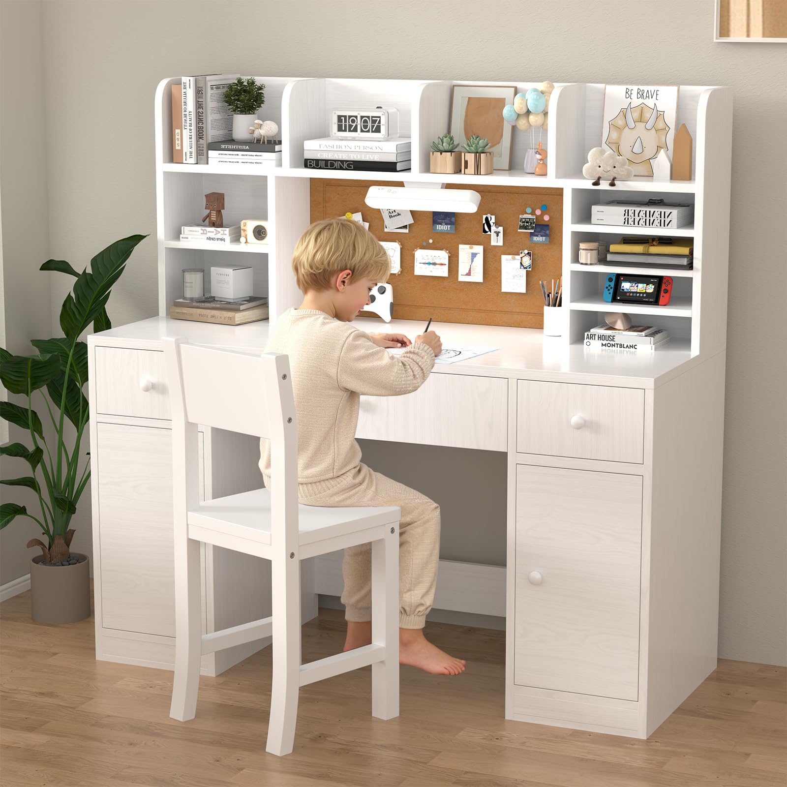 Kids Study Desk and Chair Set with LED Light and Storage