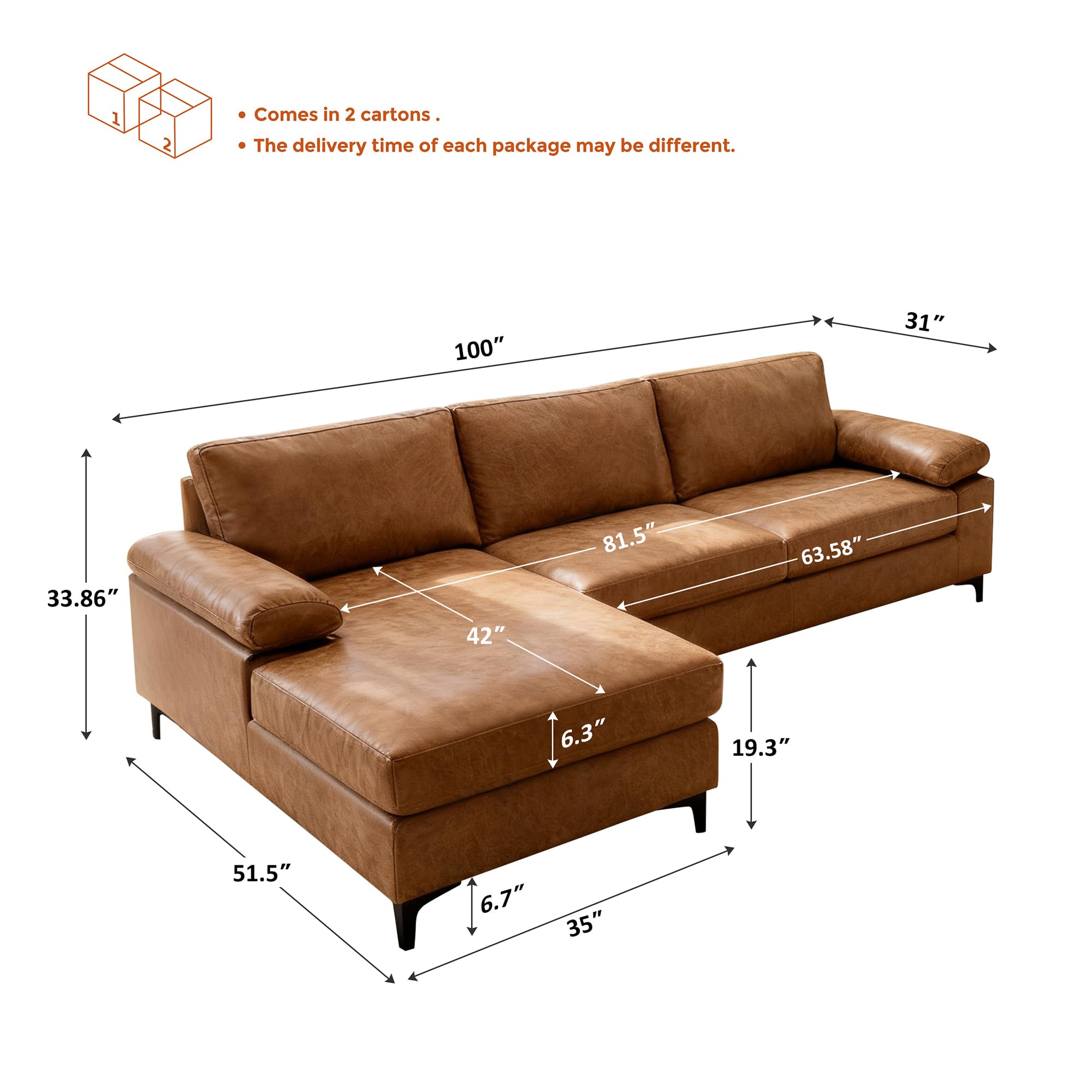 VANOMi Faux Leather Couch for Living Room, 100" Sofas & Couches with Convertible Chaise 3-Seater Sectional Sofas for Living Room, Apartment, Office, Brown