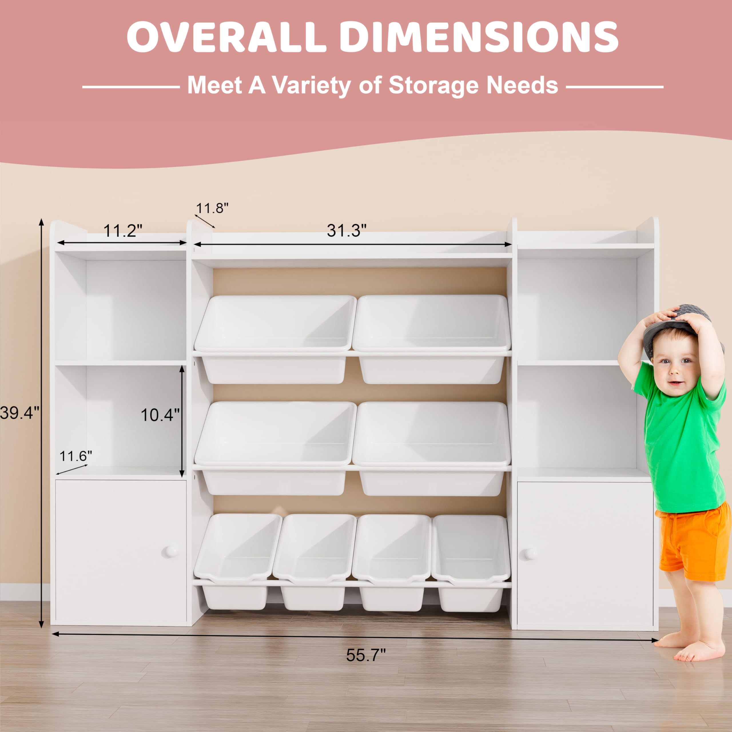 Kids Toy Storage Organizer with 8 Bins and 4-Tier Bookshelf