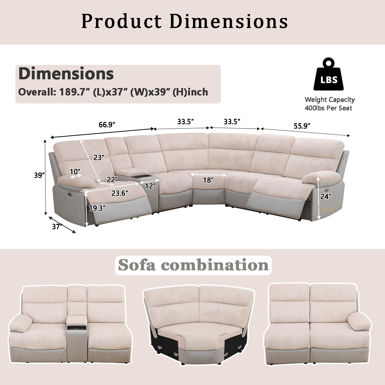 Power Reclining Sectional Sofa with LED and USB Charging