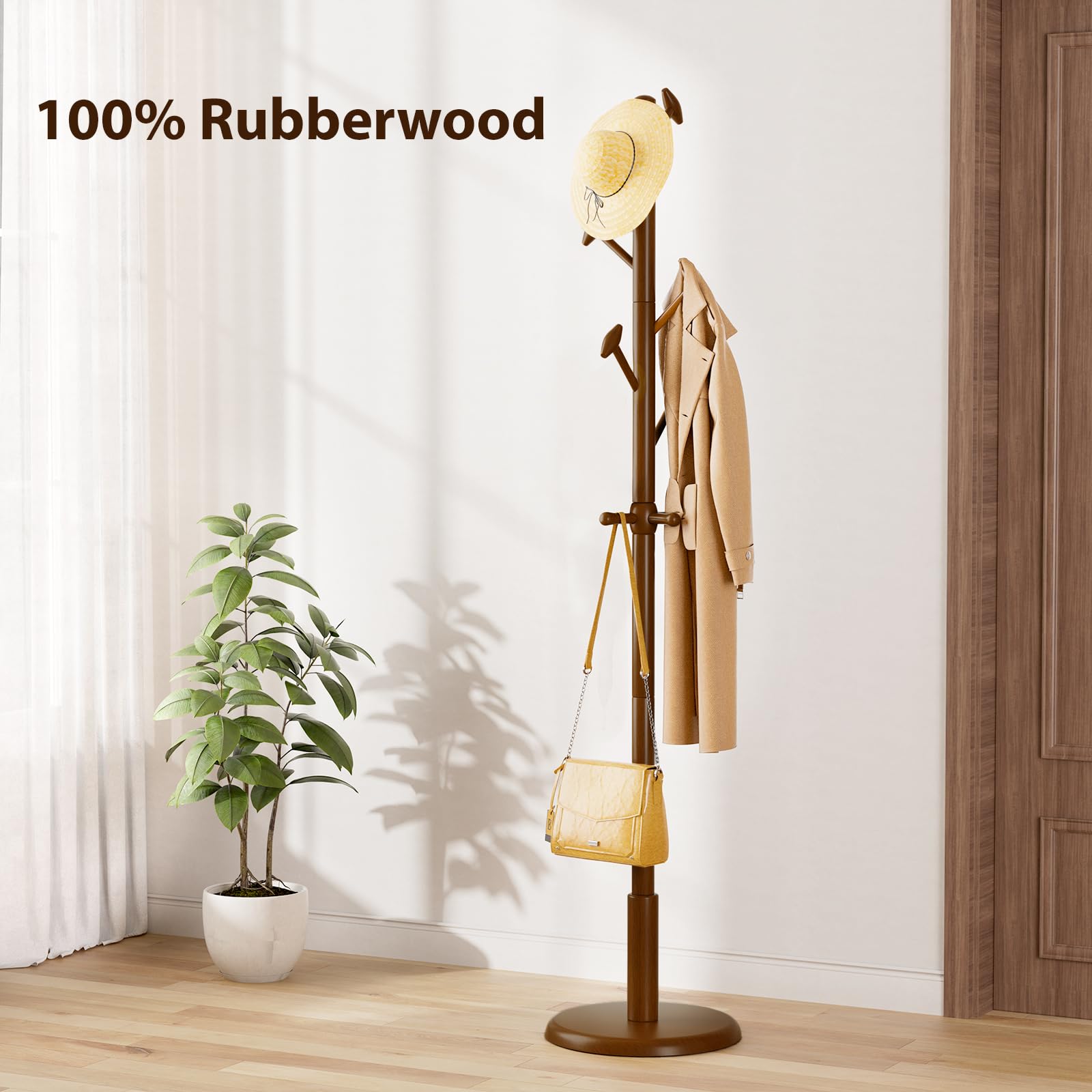 Solid Wood Freestanding Coat Rack with 10 Hooks