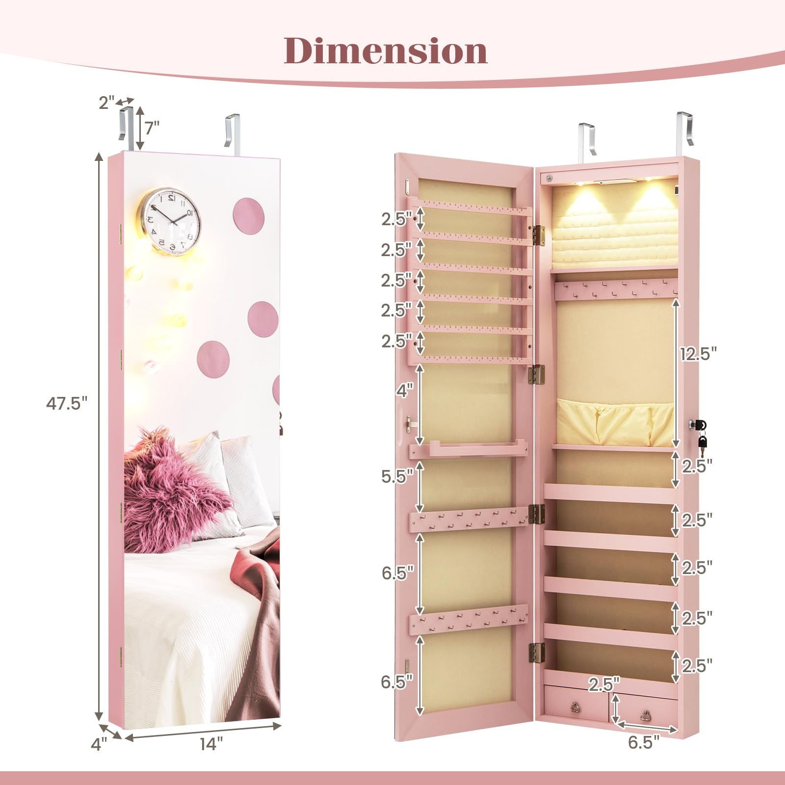 Wall-Mounted Jewelry Armoire with Full-Length Mirror and LED Lights