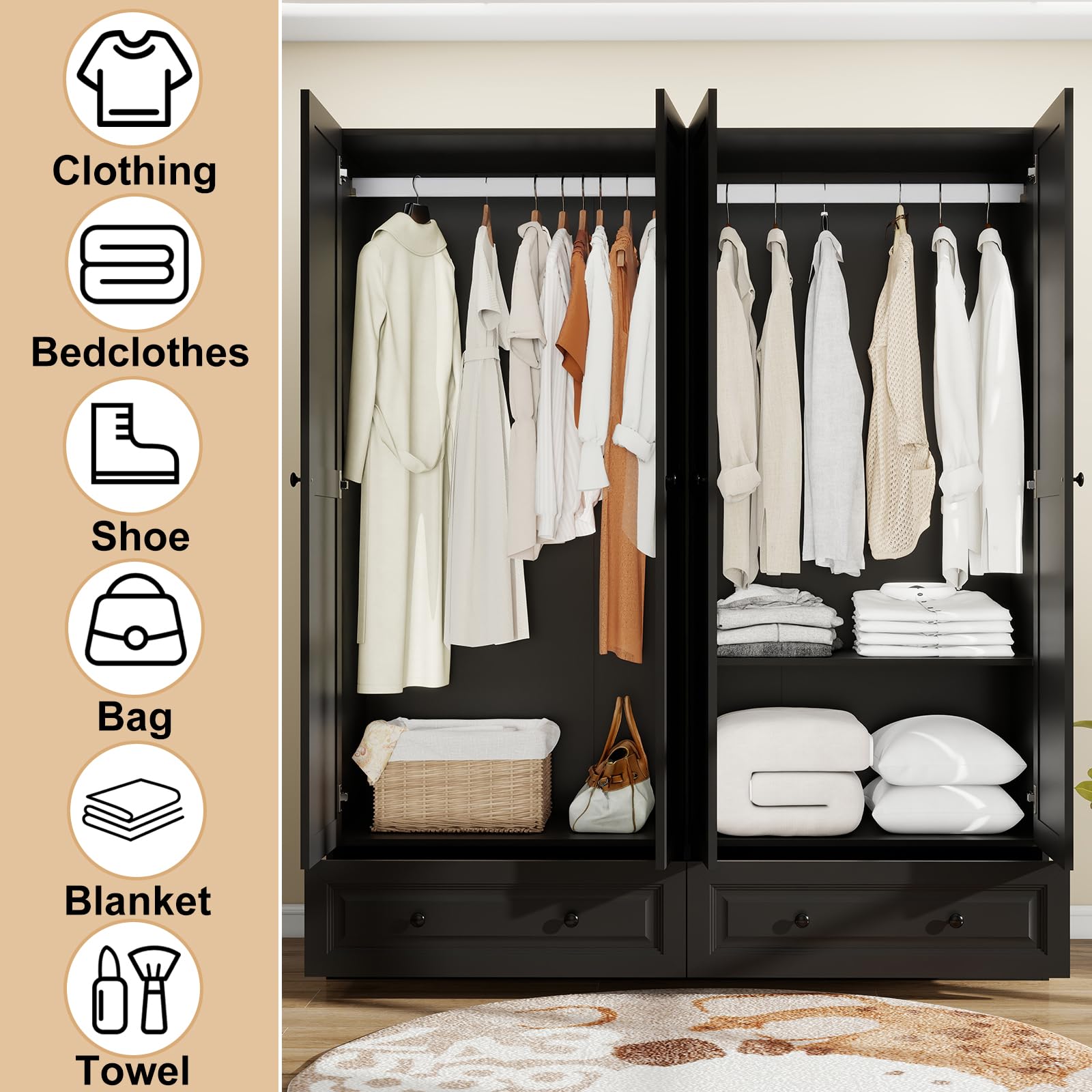 Black Wardrobe Closet with Drawers and Hanging Rod