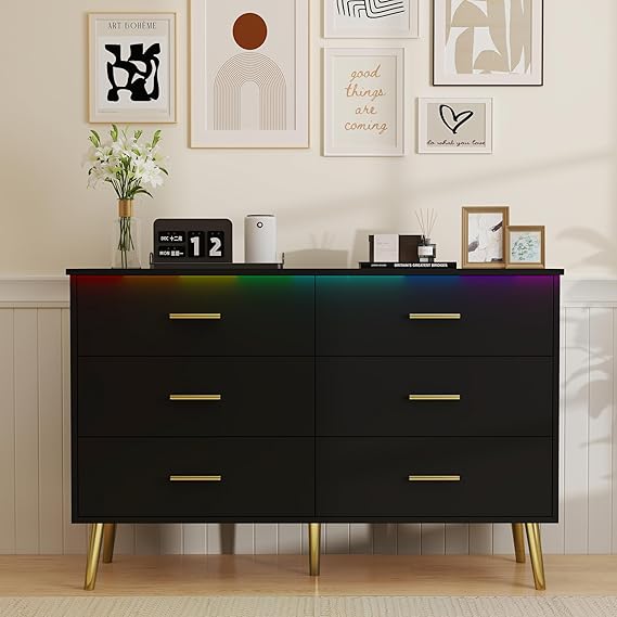 White Dresser with 6 Drawers and LED Light