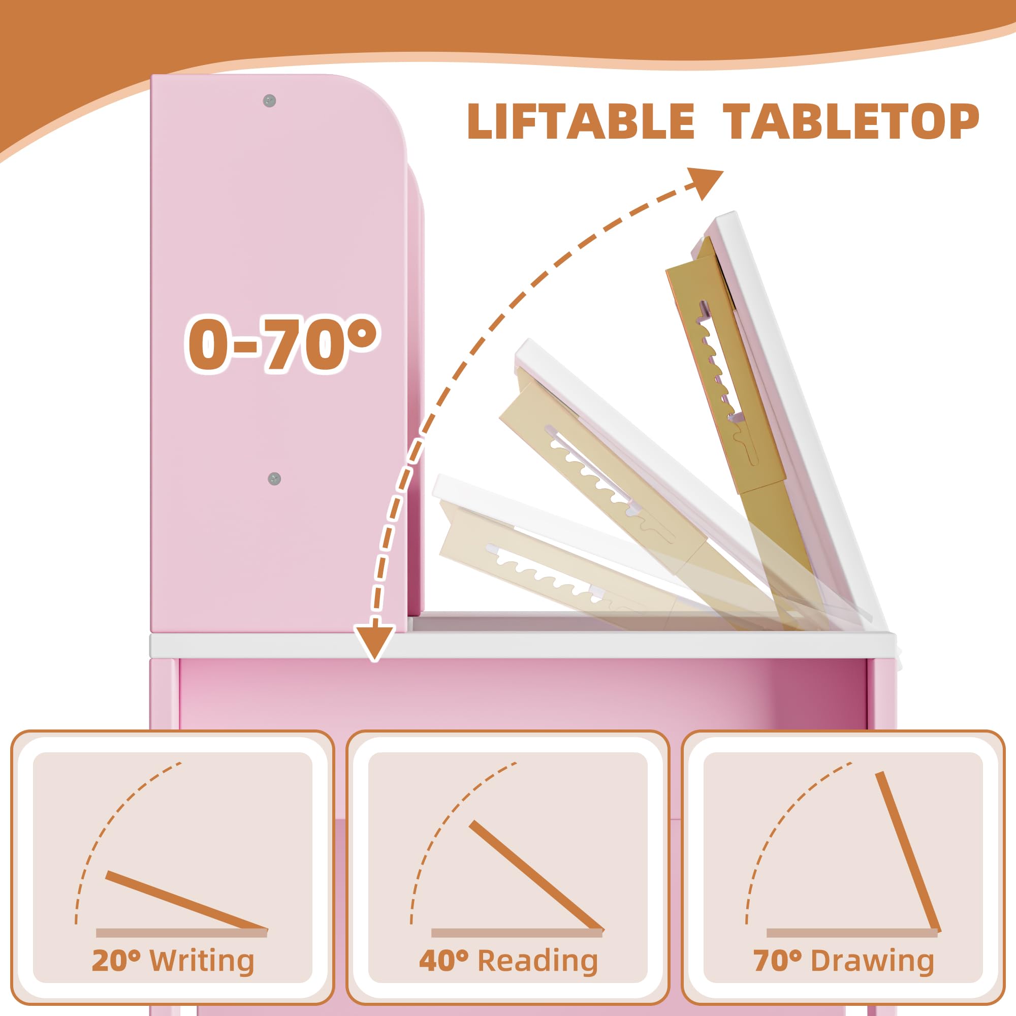 Betterhood Kids Study Desk and Chair Set, Kids Desks with Hutch Storage and Tiltable Desktop, Wooden Children Study Table for 5-12 Years Old Girls, Student Writing Desk for Bedroom (Pink)