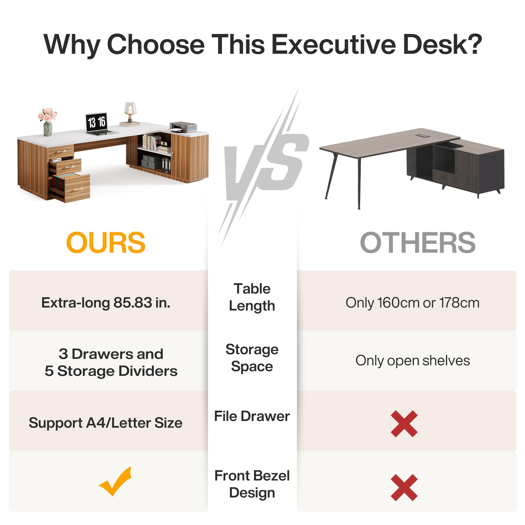 85.8-Inch L-Shaped Executive Desk with File Drawers and Cabinet