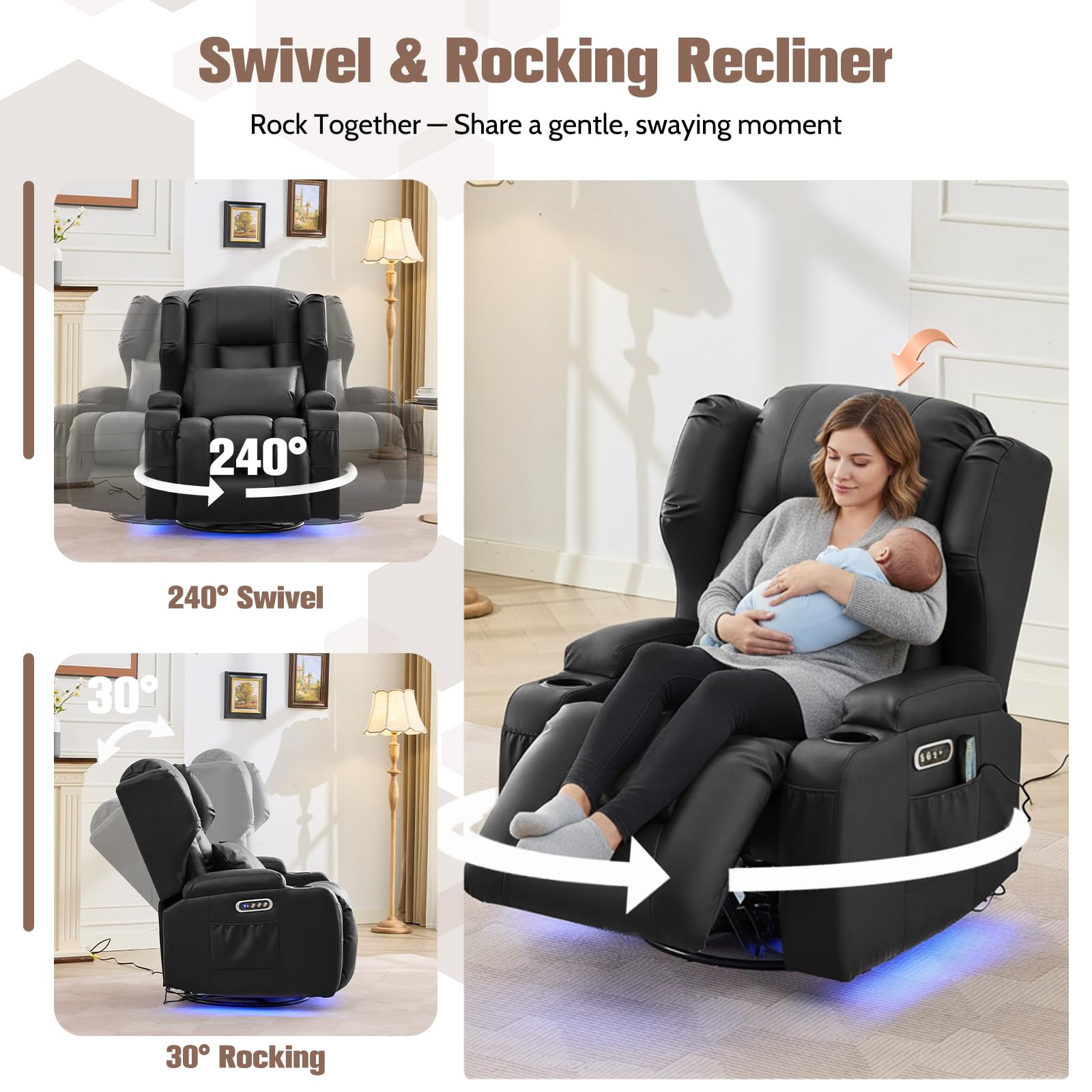 TCGBKAF Swivel Rocker Recliner,Power Recliner Chairs for Adults,240°Swivel Rocking Chair with Massage and Heat,Nursery Glider Recliner with Storage,Cup Holders for Living Room (PU Leather, Black)