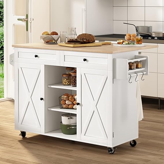 Kitchen Island on Wheels with Drop Leaf Breakfast Bar