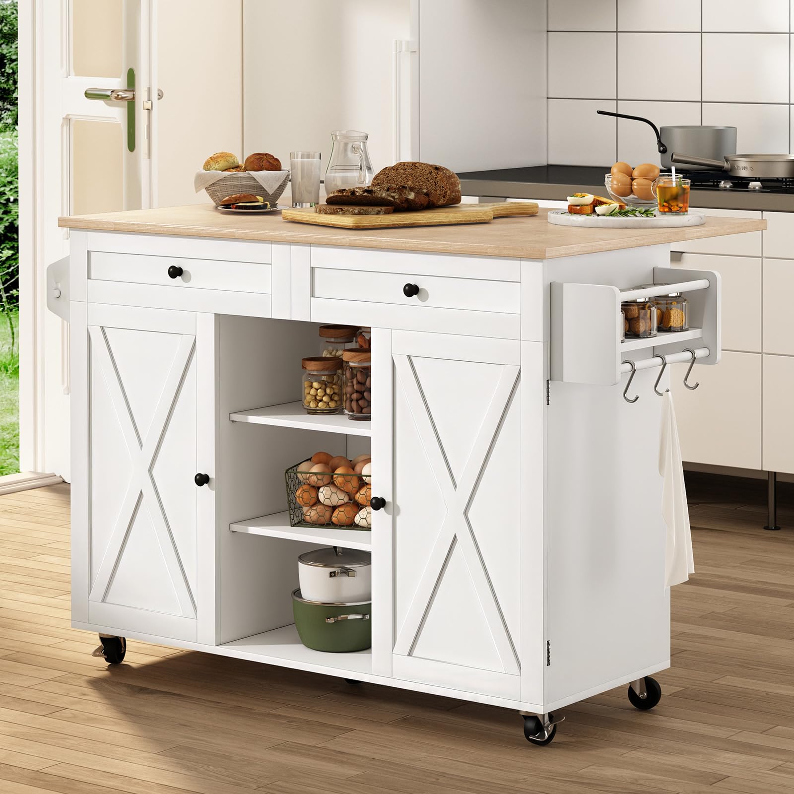 Rolling Kitchen Island Cart with Drop Leaf and Storage