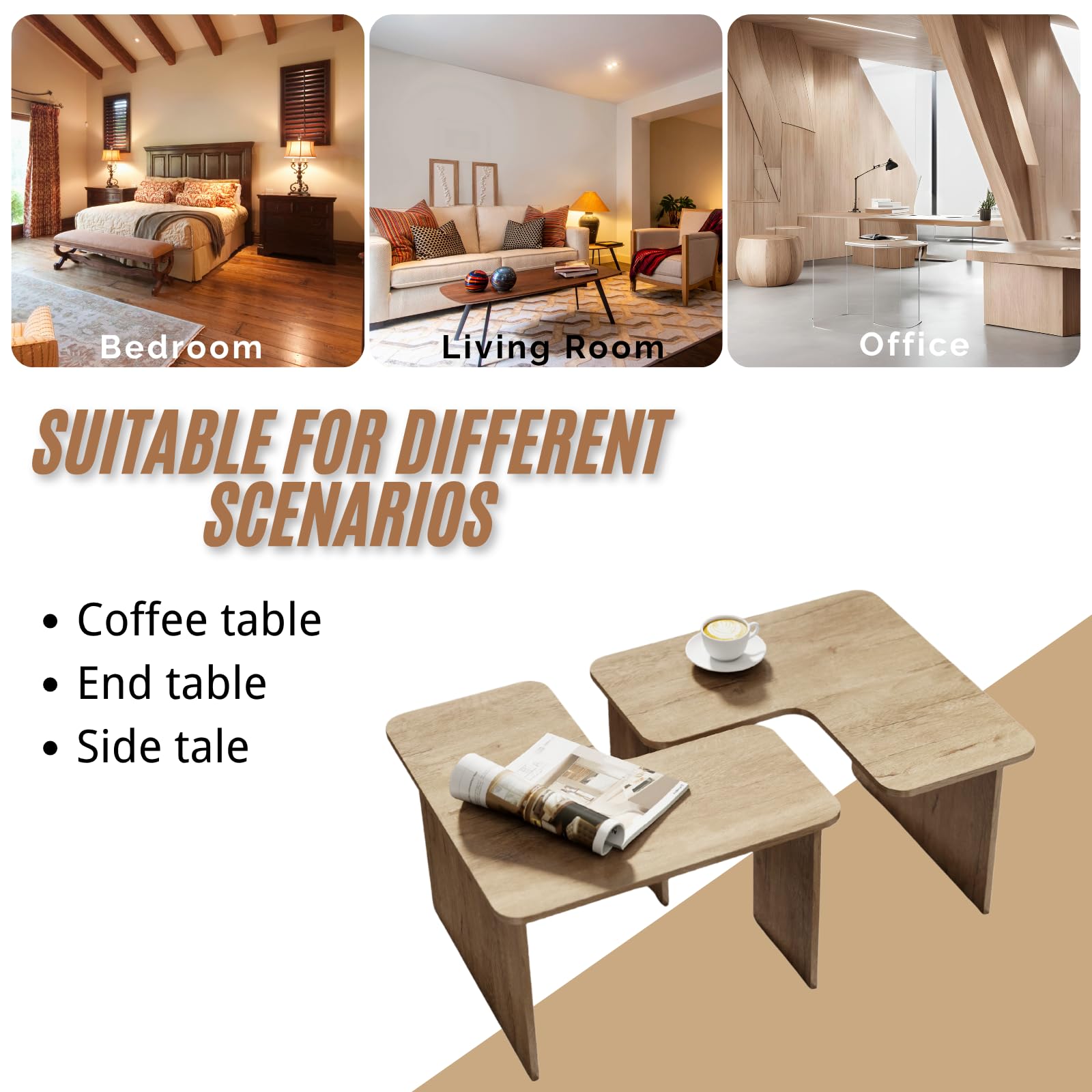 Modern Nesting Coffee Table Set of 2, Natural Wooden L-Shape Square Coffee Table for Living Room,Small Center Table End Table Sets Light Tabel with Rustic Wood Grain for Bedroom Office Cafe