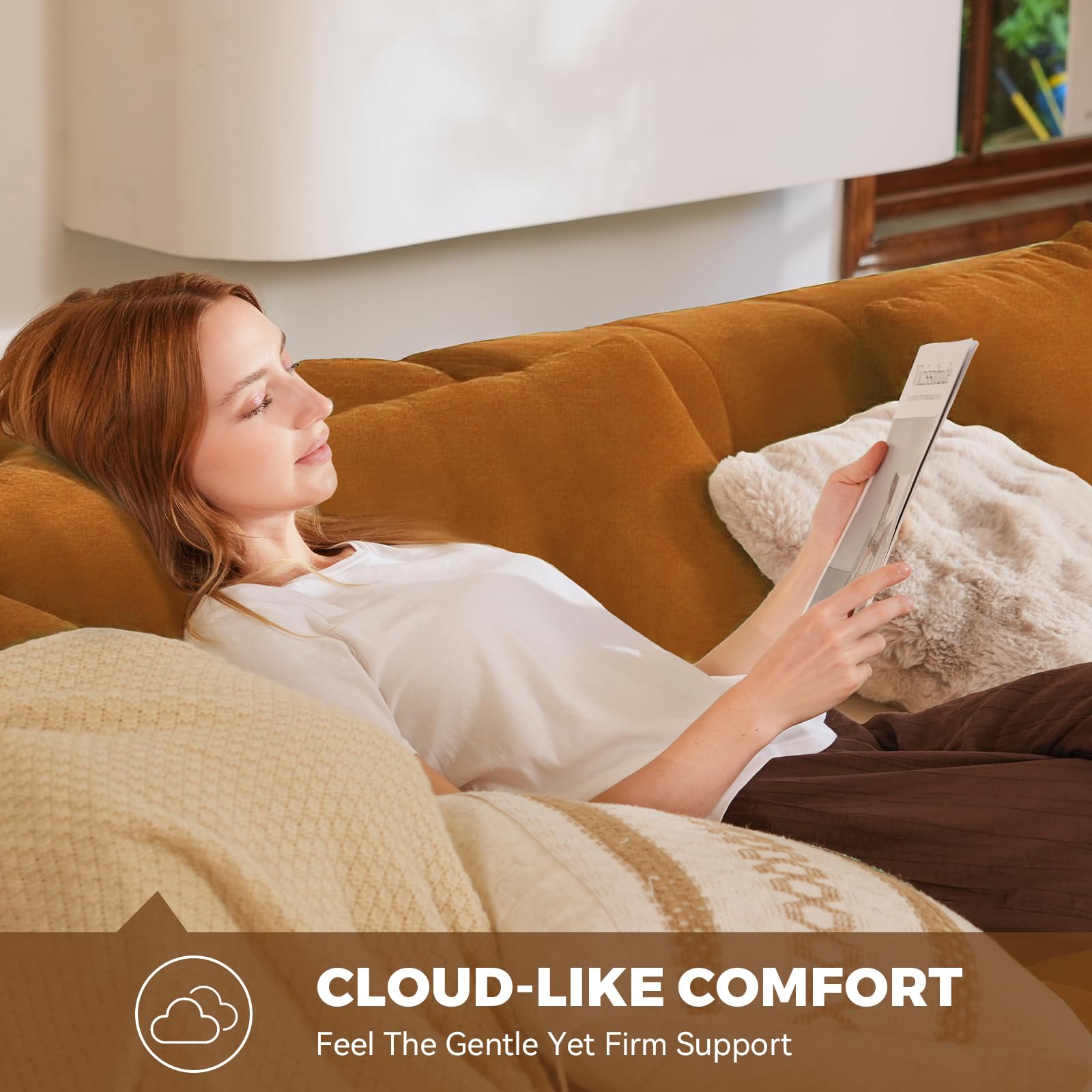 Daluvenix 107" Boneless Couch with L - Shaped Chaise, Modern Chenille Modular Sectional Sofa with Tufted Design, Comfy Upholstered Sofa, No - Assembly Sectional Couch, Orange-Brown