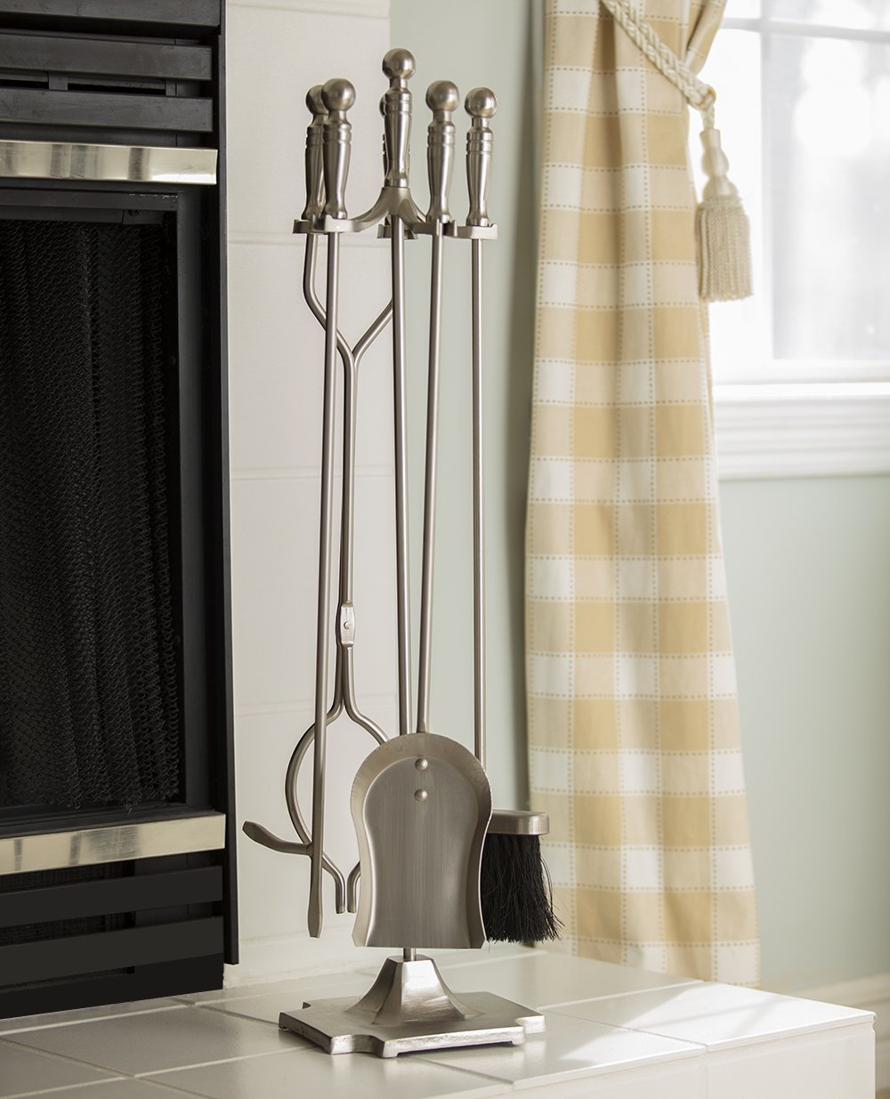 5-Piece Satin Pewter Fireplace Tools Set with Pedestal Stand