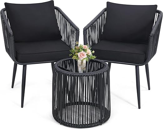 3 Piece Bistro Set with Tempered Glass Table and Wicker Chairs