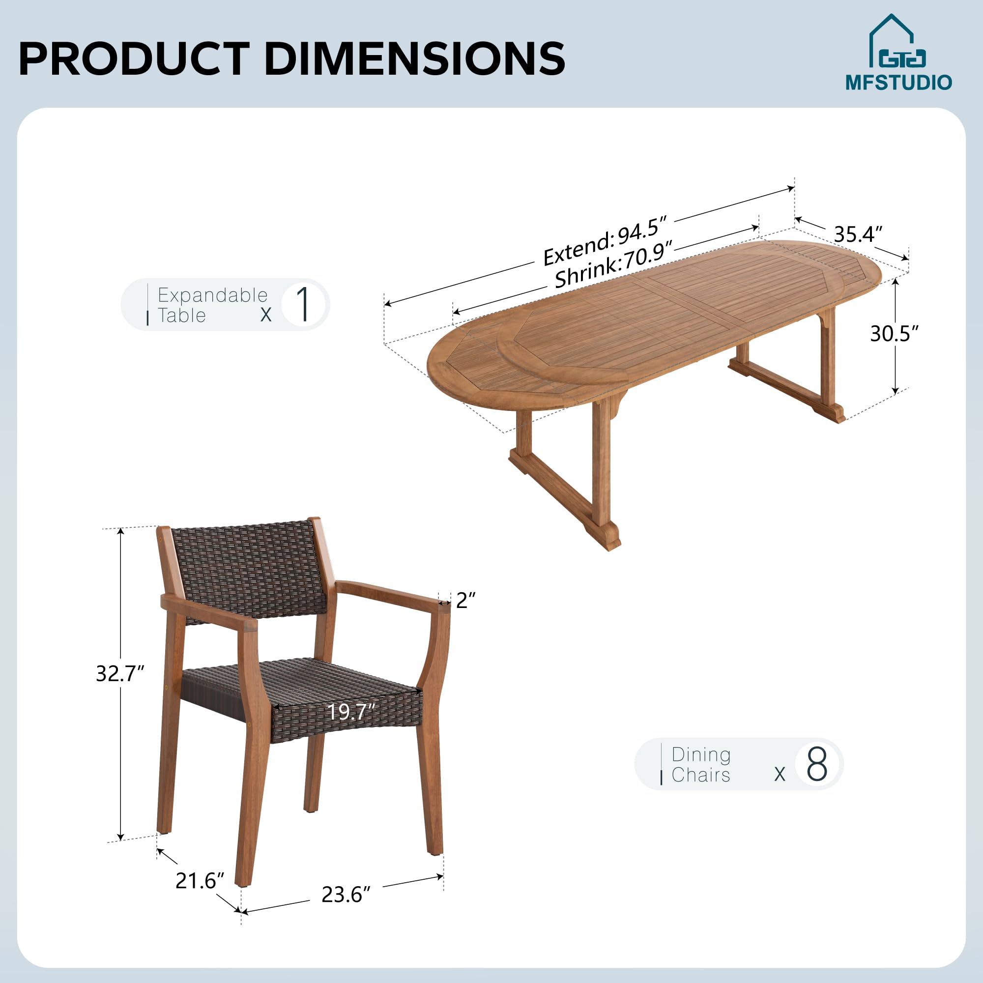 9-Piece Outdoor Teak Wood Dining Set for 8
