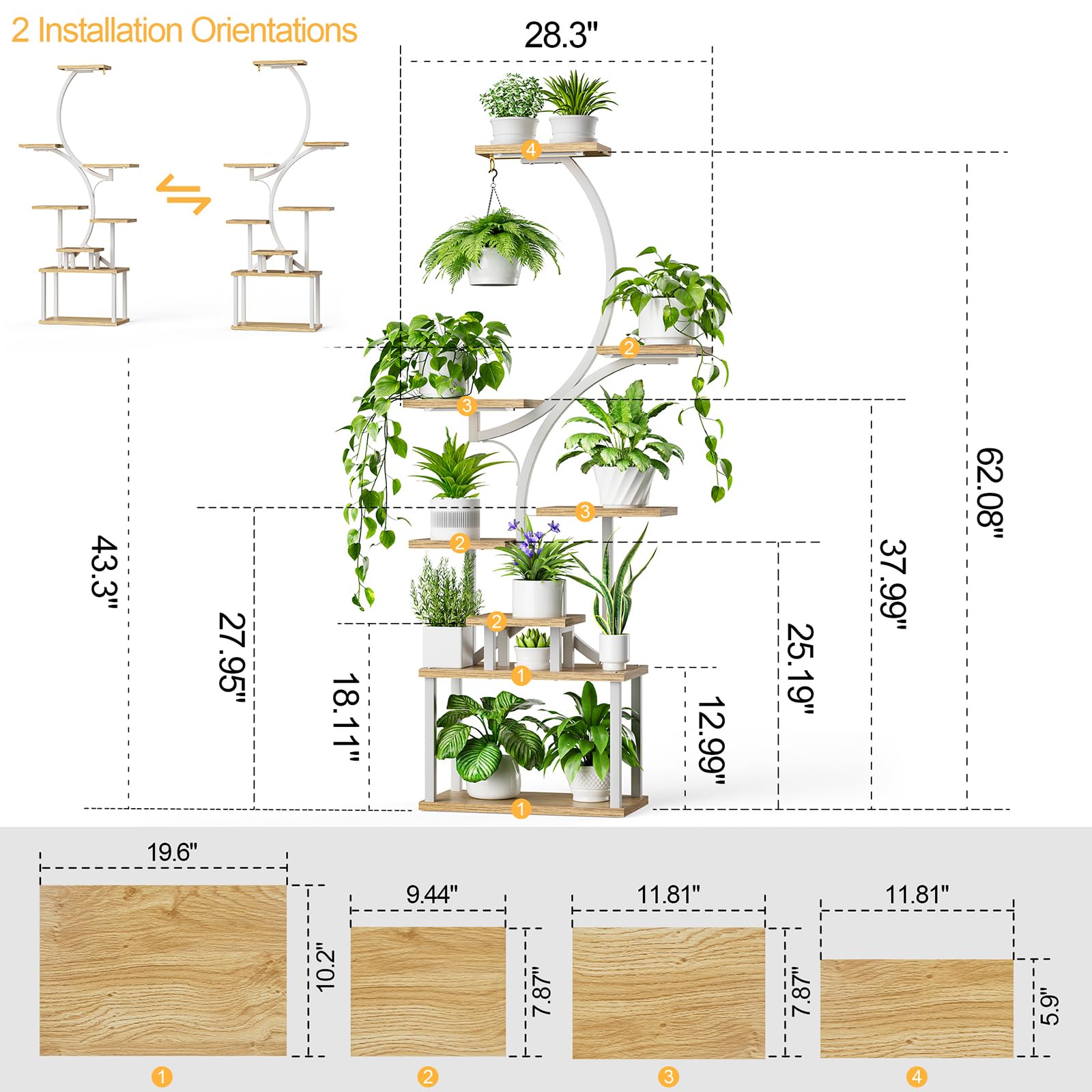 8-Tiered Plant Stand with Grow Lights - 62" Tall Metal S-Shaped Flower Holder Rack