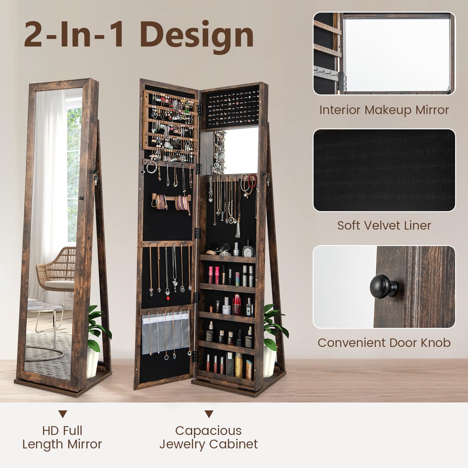Standing Jewelry Cabinet with Full-Length Mirror