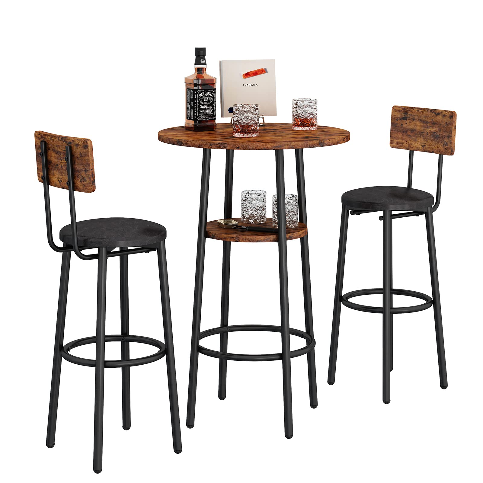 3-Piece Round Bar Table Set with Upholstered Stools