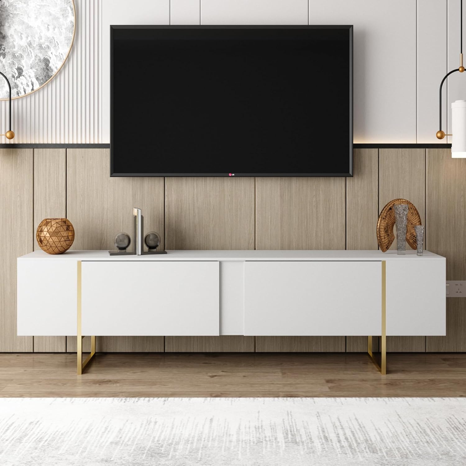 71" TV Stand with Gold Legs and Storage Doors