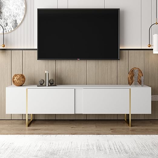 71" TV Stand with Gold Legs and Storage Doors