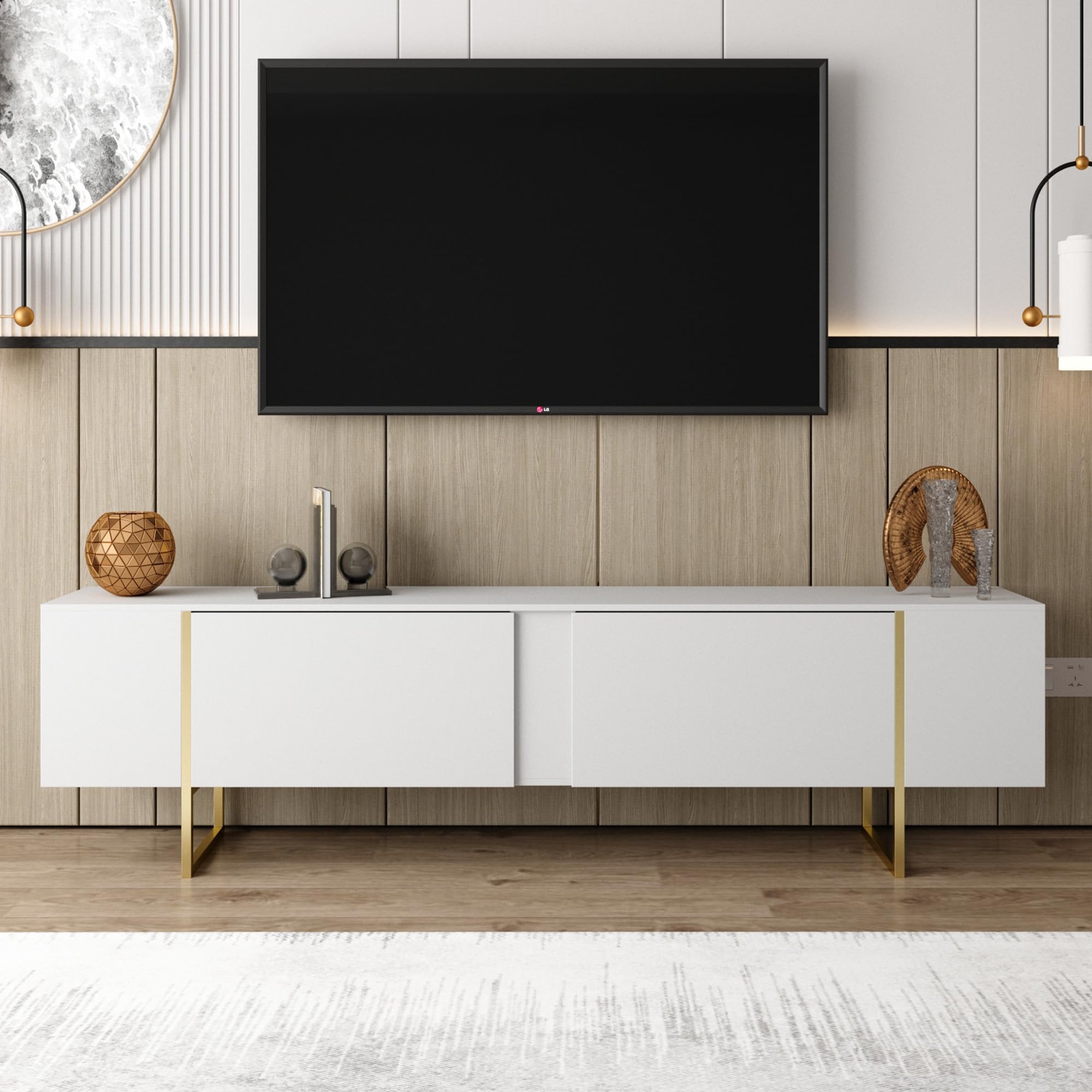 TV Stand with Gold Legs and Storage Doors