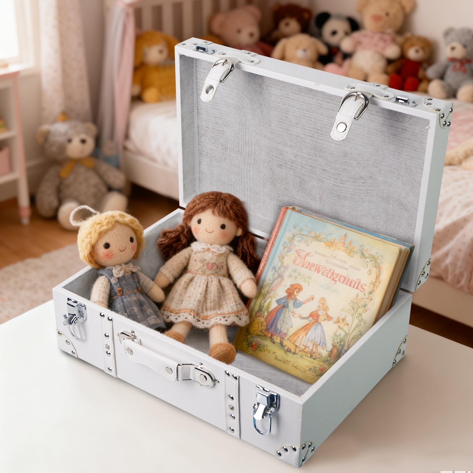 Vintage Wooden Storage Chest with White Leather