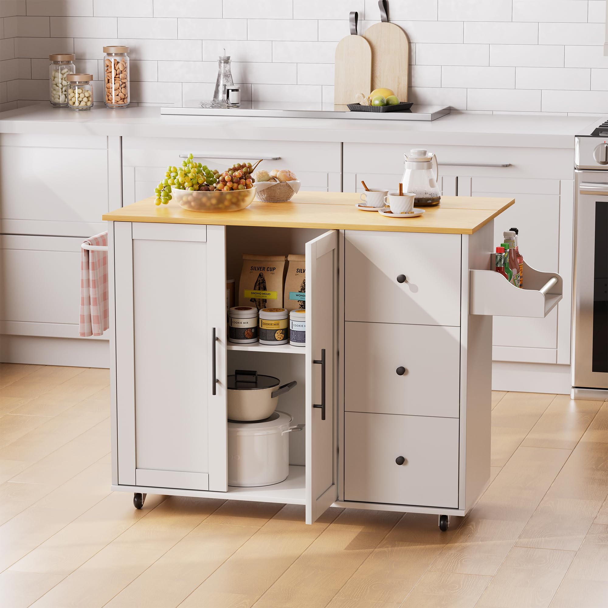 Kitchen Island on Wheels with Storage and Drop Leaf
