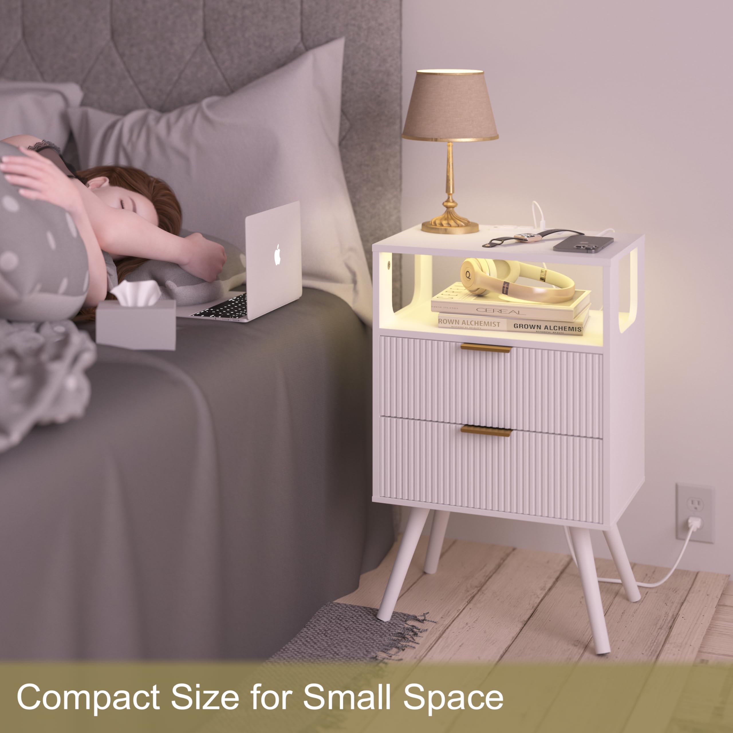 White Nightstand with Charging Station and LED Lights