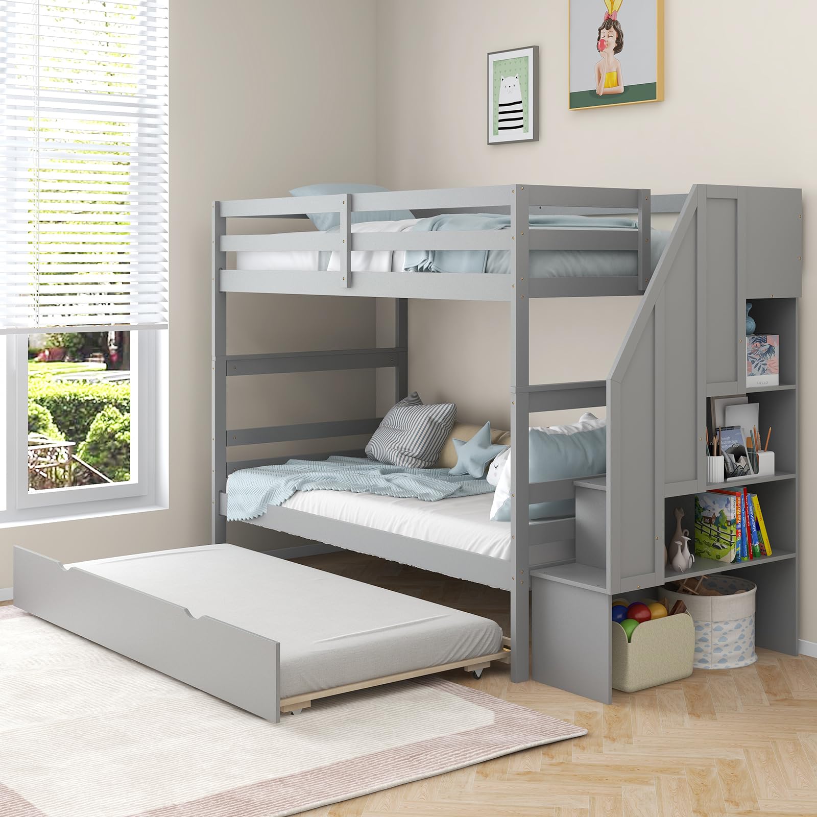 Twin Over Twin Bunk Bed with Trundle and Stairs