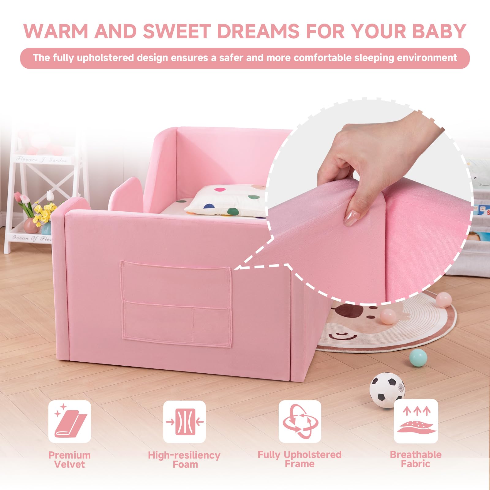 Zumspiel Toddler Floor Bed with Removable Safety Rails and Storage Bag, Kids Bed for Girl and Boys, Standard Crib Size, Safety Upholstered Child Beds, Low to Floor Design