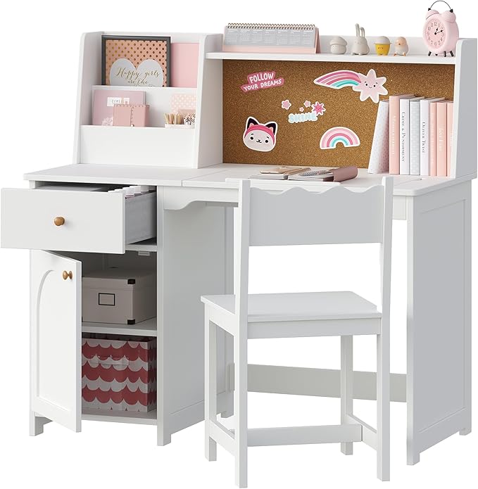 Kids Study Desk and Chair Set with Tiltable Desktop and Hutch