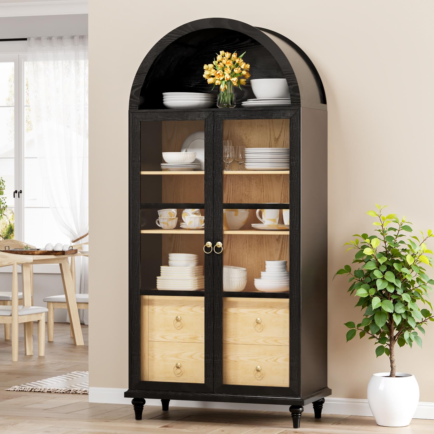 71" Arched Storage Cabinet with Drawers and Glass Doors