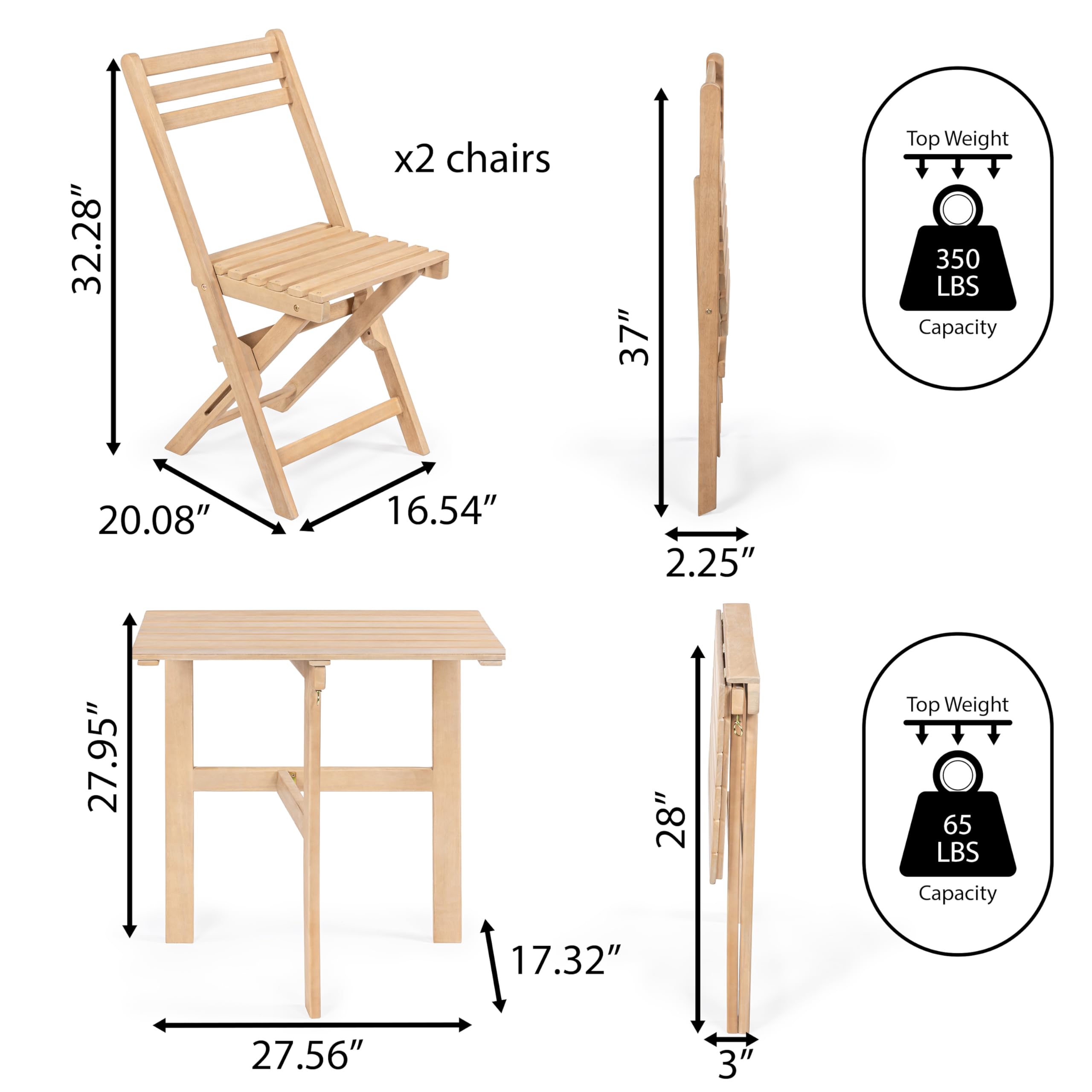 3-Piece Acacia Wood Outdoor Folding Bistro Set