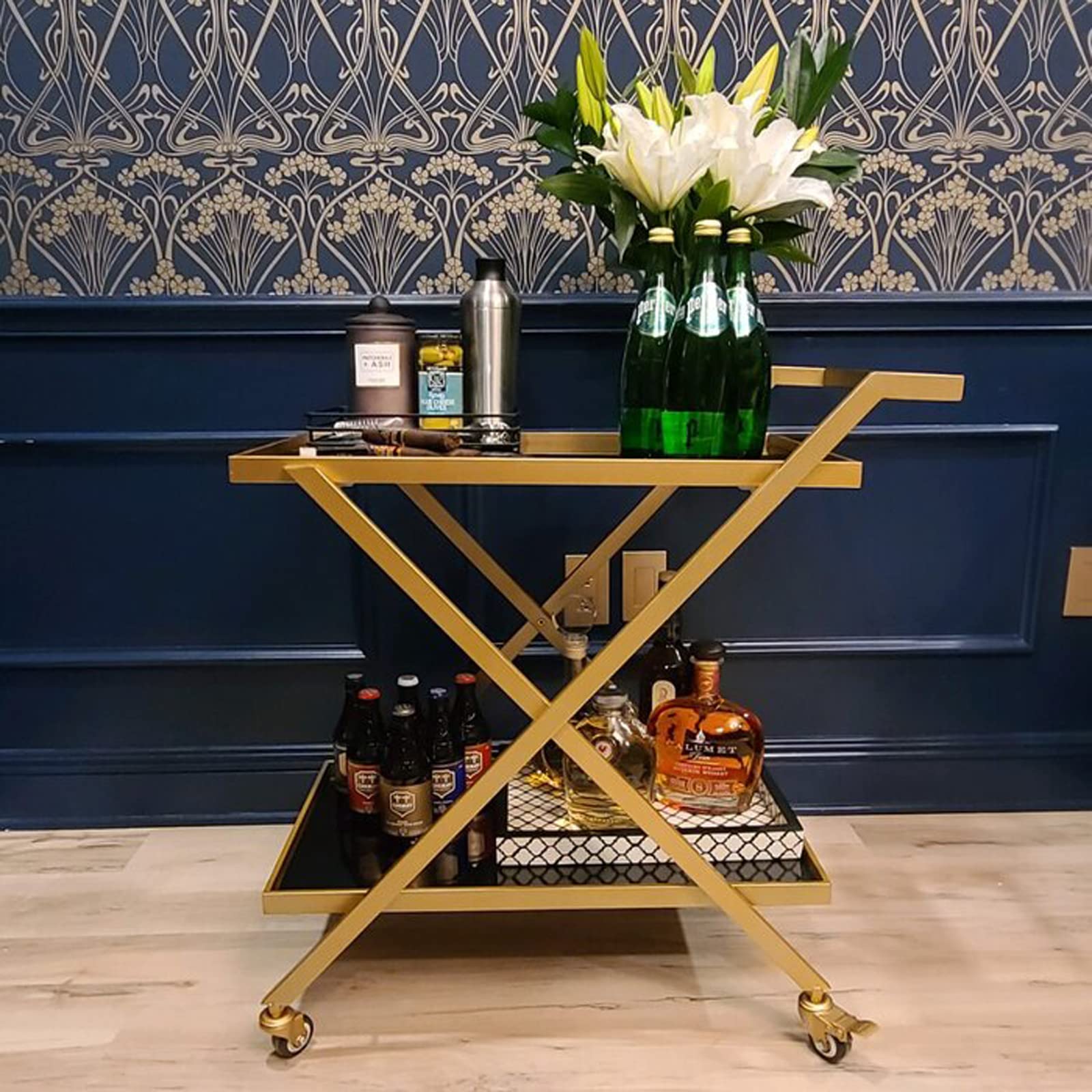 Gold Finish Bar Cart on Wheels with Glass Shelves