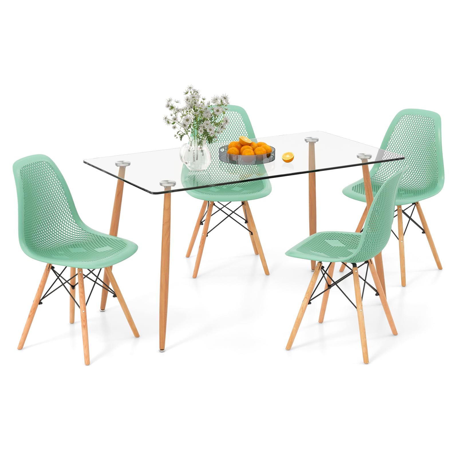 5-Piece Dining Table Set with Glass Top and Mesh Chairs