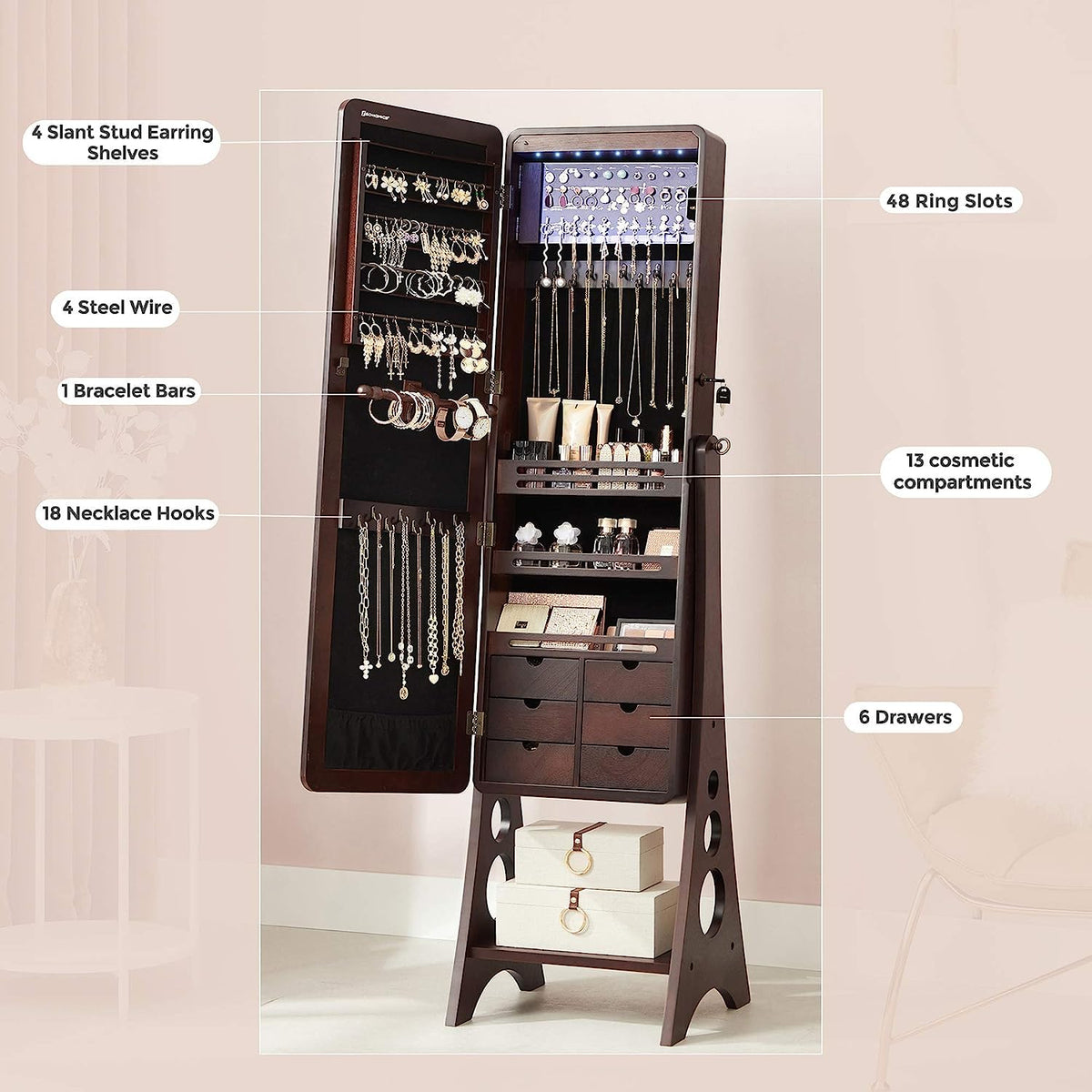 Aria Standing Jewelry Armoire with LED Mirror