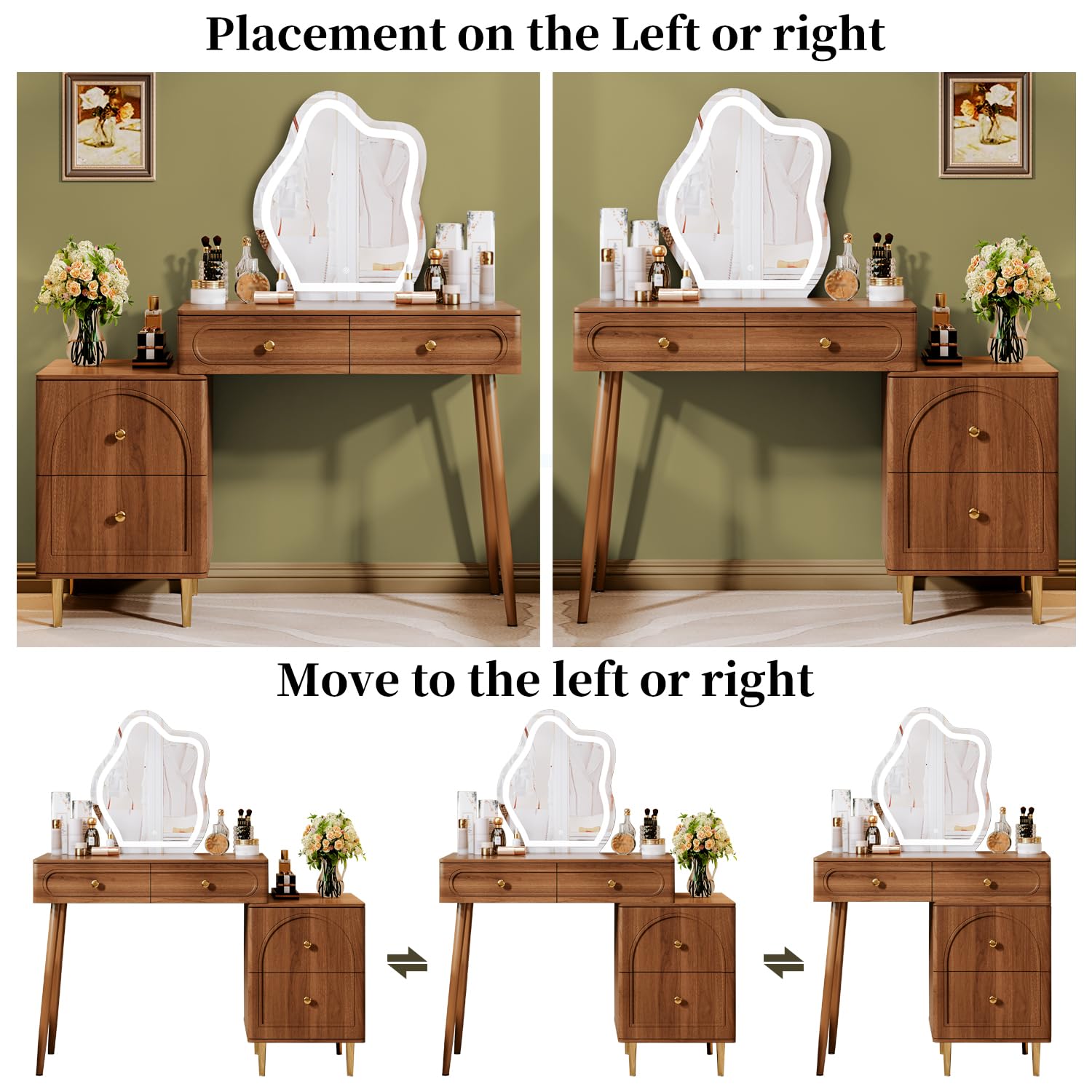 Corner Makeup Vanity Table with Lighted Mirror and 4 Drawers