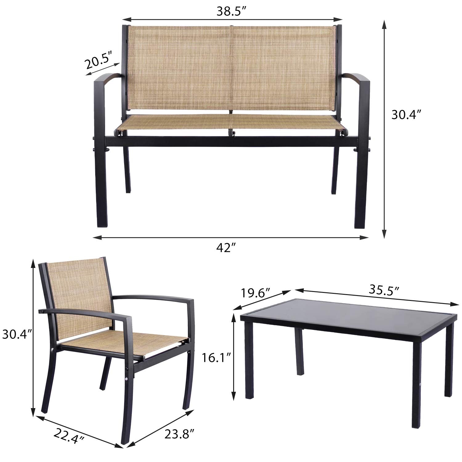 4-Piece Patio Furniture Set with Glass Coffee Table