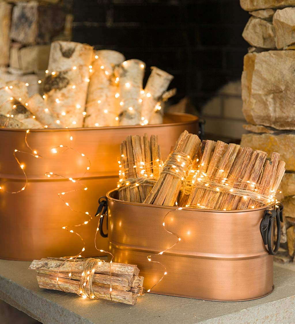 Antique Copper Firewood Bucket with Wrought Iron Handles