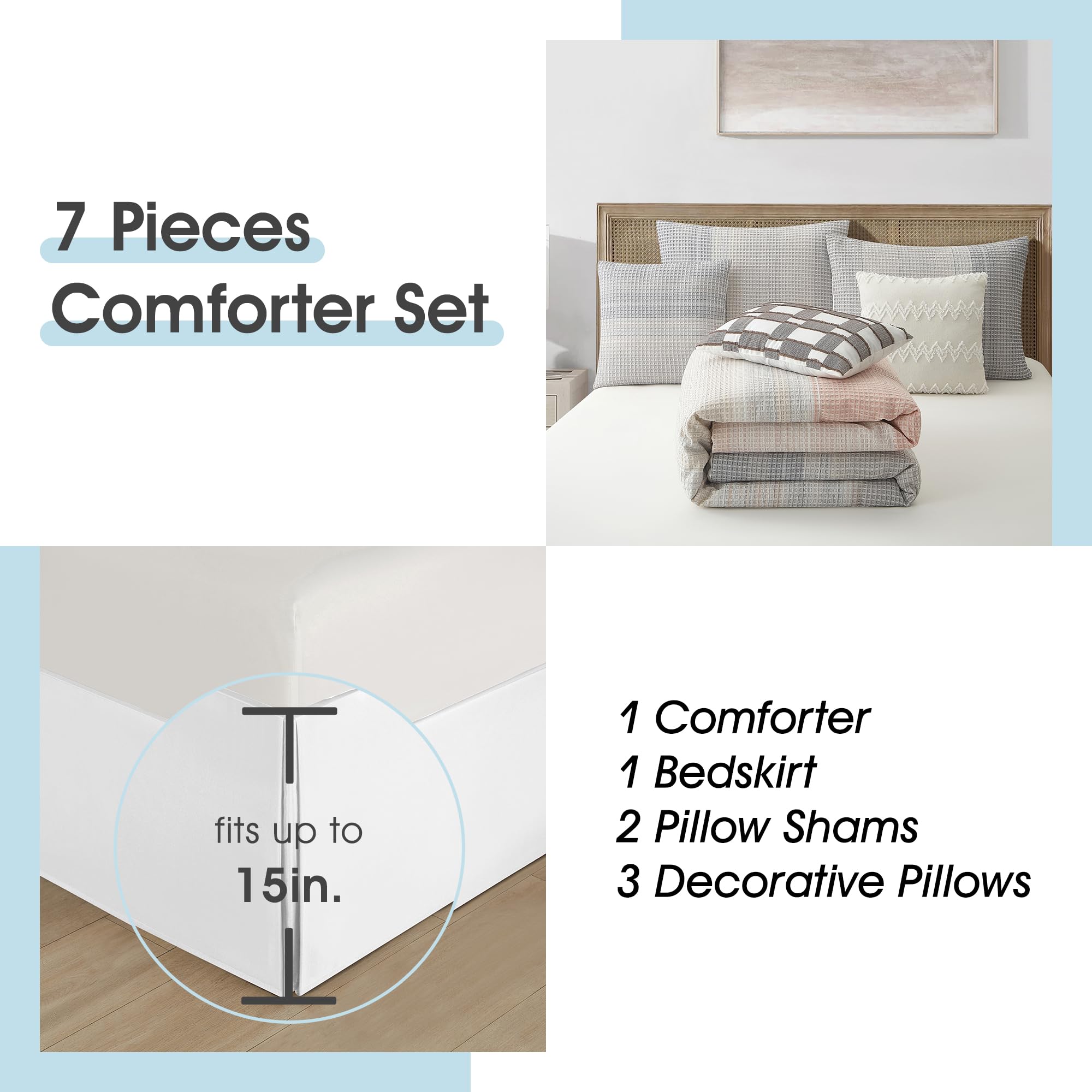 7-Piece King Comforter Set Grey Waffle Jacquard