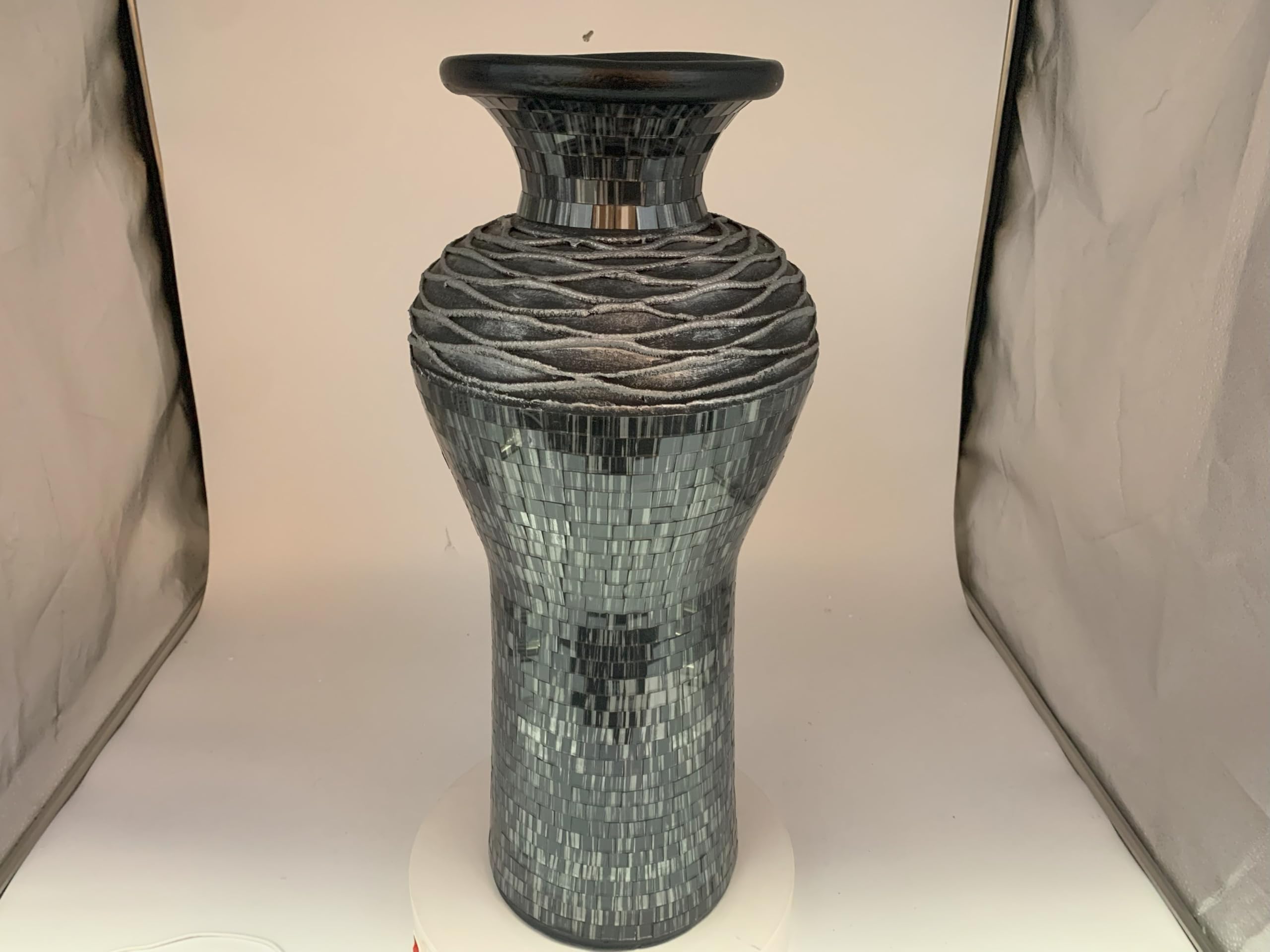 24 Inch Mosaic Floor Vase - Terracotta Cylinder with Grey and Black Glass