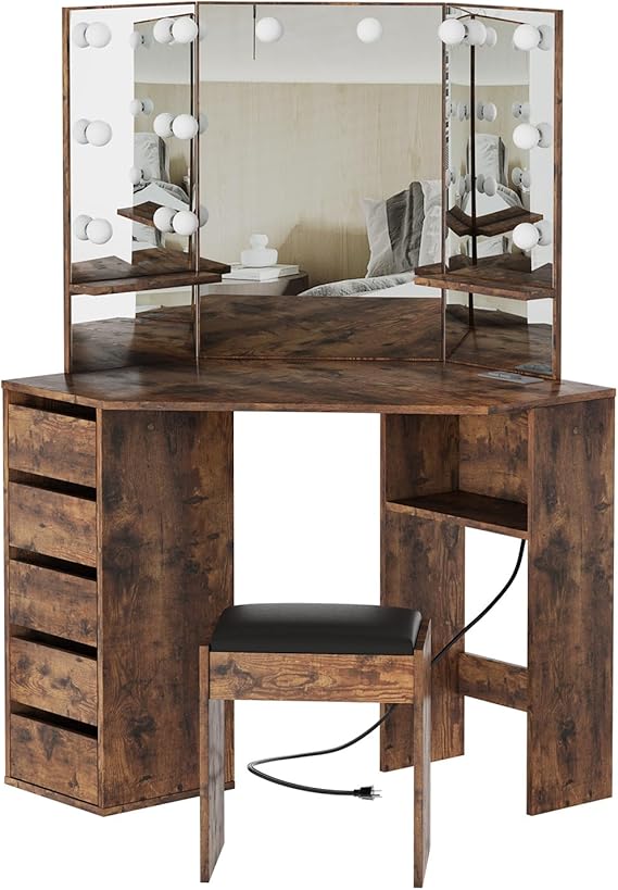 Corner Vanity Desk with Mirror and LED Lights