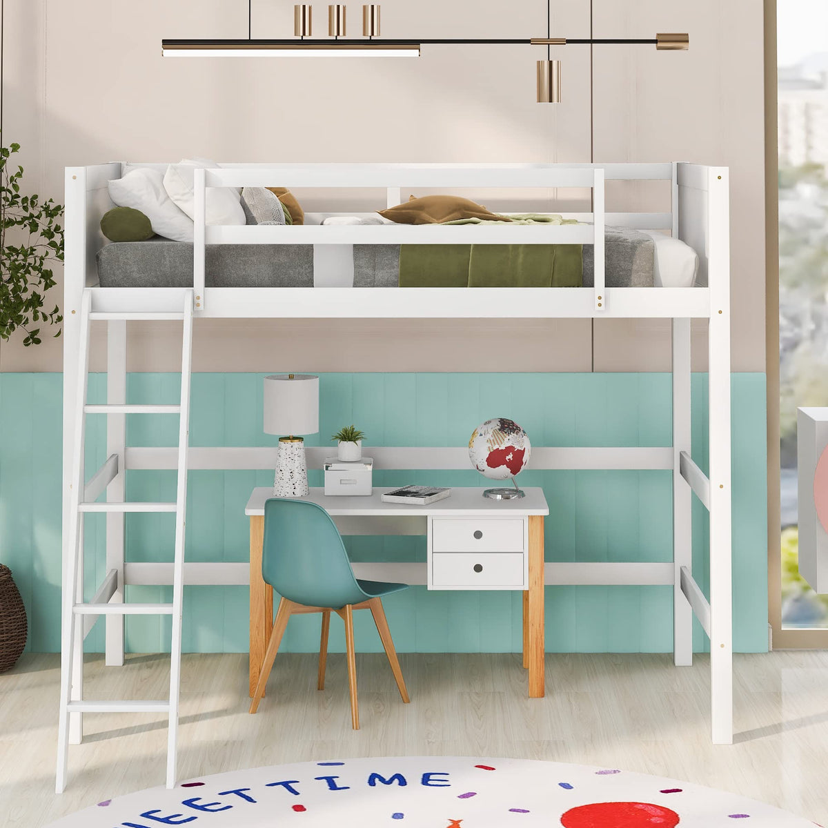 Twin Loft Bed with Ladder - White Wood Kids Bunk Bed